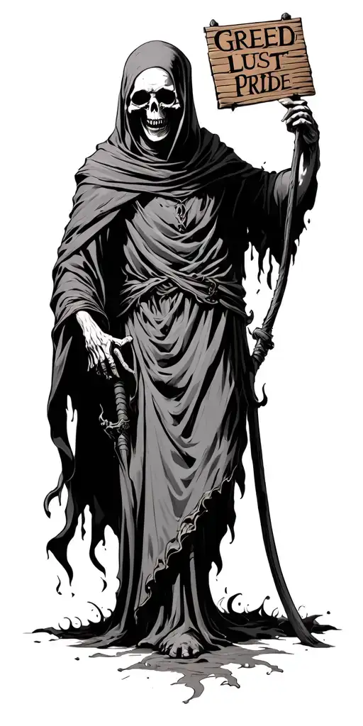 Grim Reaper Holding A Sign That Says Greed Lust Pride