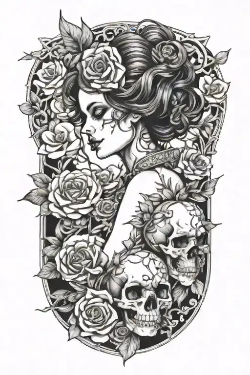 Flowers Intertwined Around A Woman And Sculls