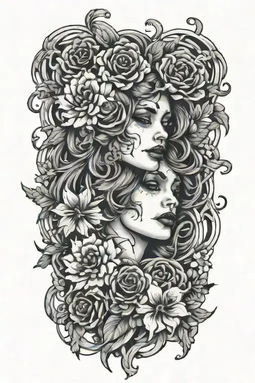 Flowers Intertwined Around A Woman And Sculls