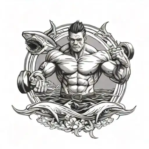 A Bodybuilder Lifting Weights With A Background Of A Sea Filled With Majestic Sharks