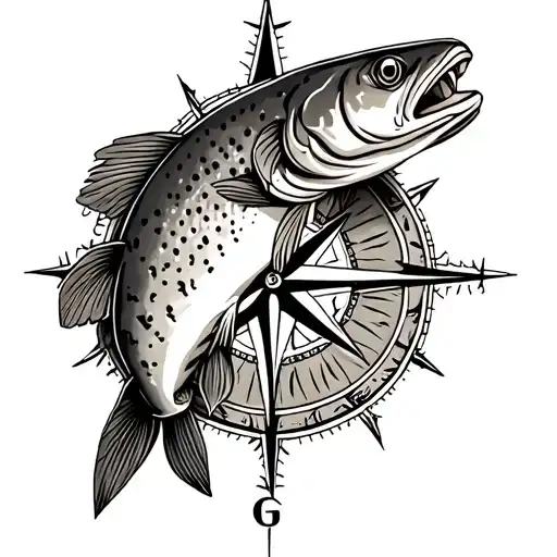 Trout And Compass Tattoo Design