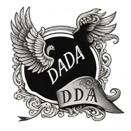 Half A Angle Wing Flying Saying The Words Dada On The Left Side Of It
