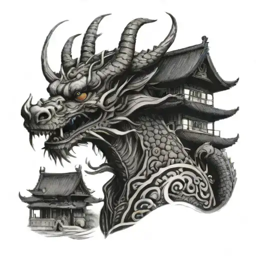 Old Asian With Dragon And Houses