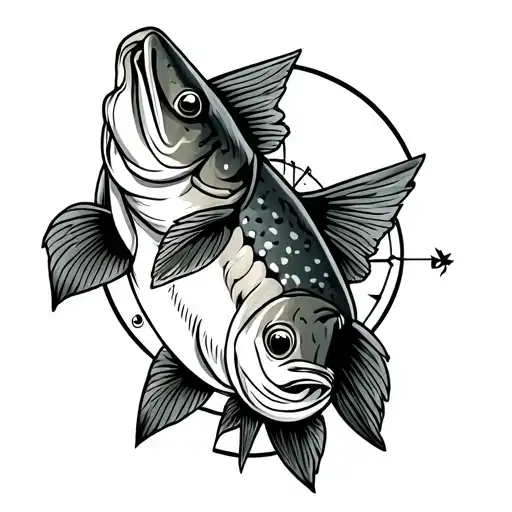 Trout And A Compass Tattoo Design