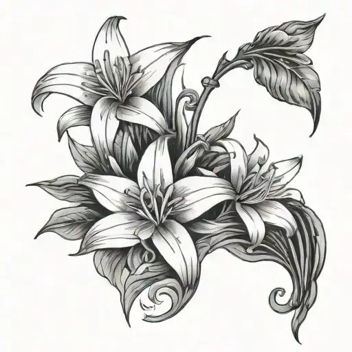 Asian Mythology With Nature And Three Small Lilies