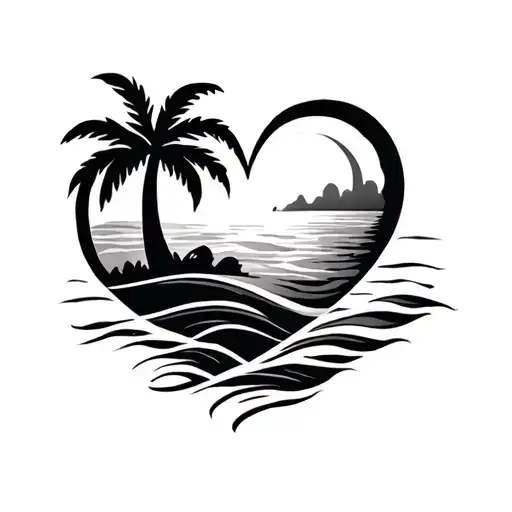 A Heart Shaped Tattoo With A Wave The Sun And A Palm Tree