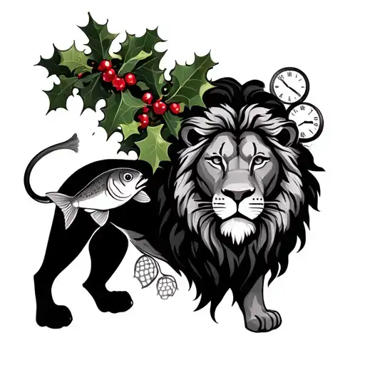 Lion With Fish At The Bottom Of The Lions Maine And A Holly Bush At The Top And Clocks For Eyes