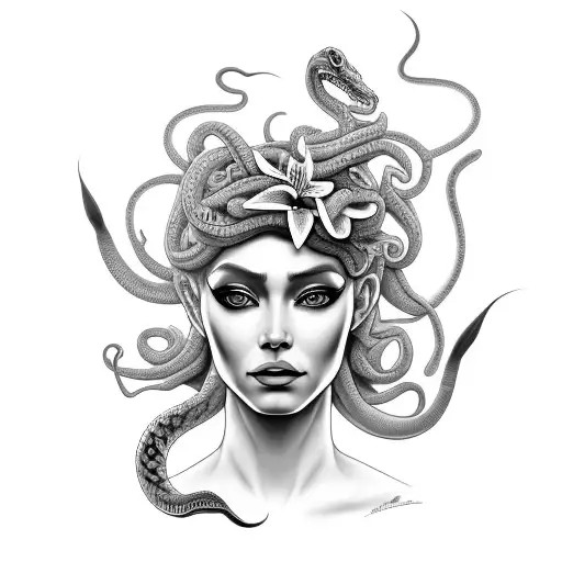 Egyptian Medusa With Angry Snake Hair And Lillies