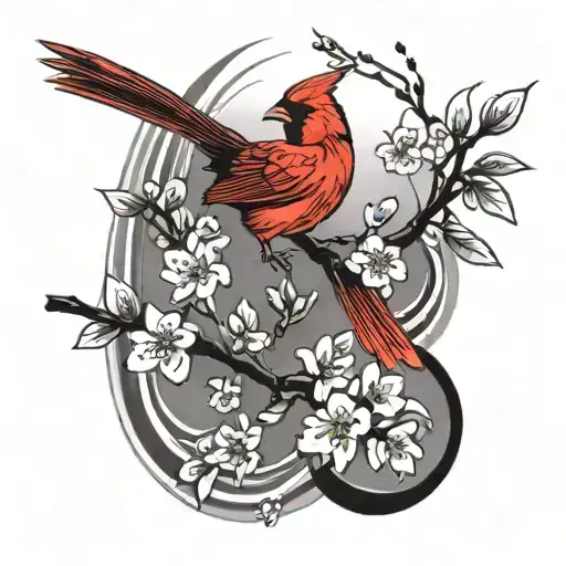 Cherry Blossoms Falling With Abstract Cardinal