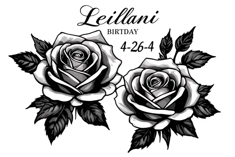 Two Roses The Name Leilani Written Cursive Then Her Birthday 4-26-24