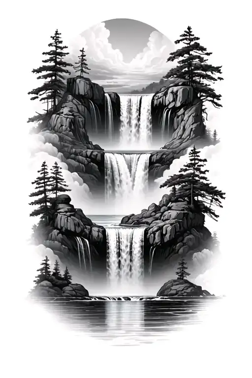 Three Waterfalls Flowing From Three Different Directions Into The Same Pool At The Center