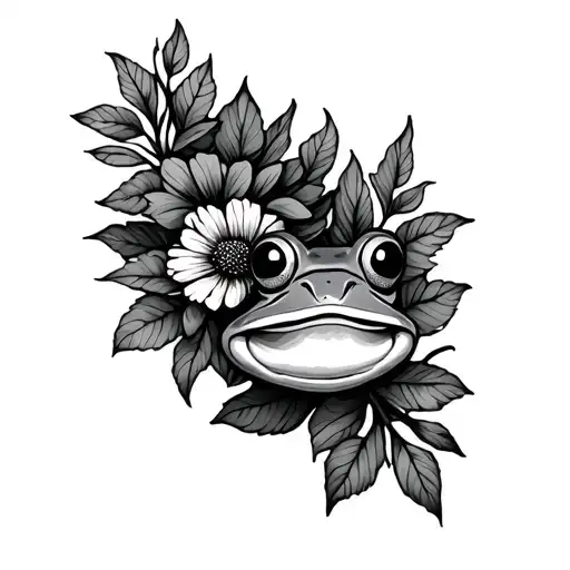 Minimalist Sleeve Of Flowers And Leaves On Thigh With Little Frog