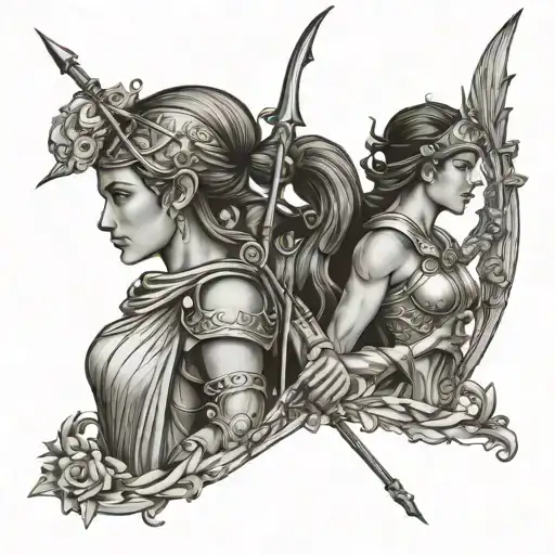 Goddess Athena Holding Spear And Shield Adorned And Artemis Holding Bow And Arrow