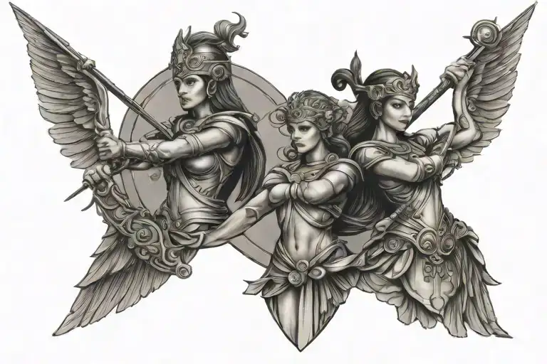 Goddess Athena Holding Spear And Shield Adorned And Artemis Holding Bow And Arrow