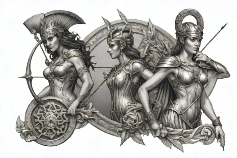 Goddess Athena Holding Spear And Shield Adorned And Artemis Holding Bow And Arrow Realism