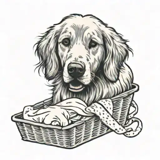 Female Golden Retriever In A Laundry Basket Getting Pushed By A Boy