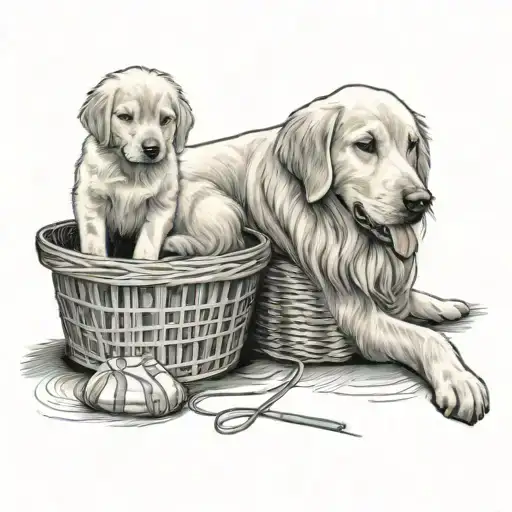 Female Golden Retriever Sitting In A Laundry Basket Getting Pushed Around By A Little Boy