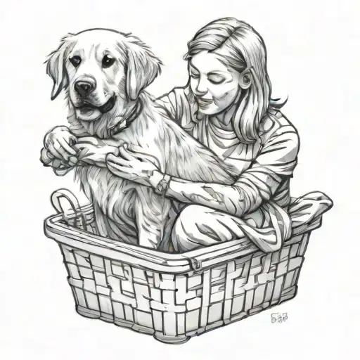 Little Boy Pushing A Female Golden Retriever Sitting In A Laundry Basket