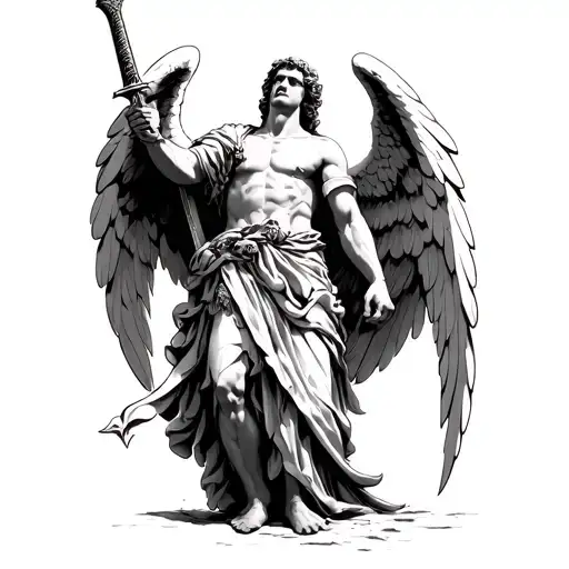 Archangel Michael Looking Up Holding A Sword Down