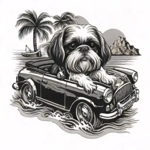 A Black And Grey Tattoo Of A Shih-tzu Driving A Convertible Car Along The Coast Of Majorca