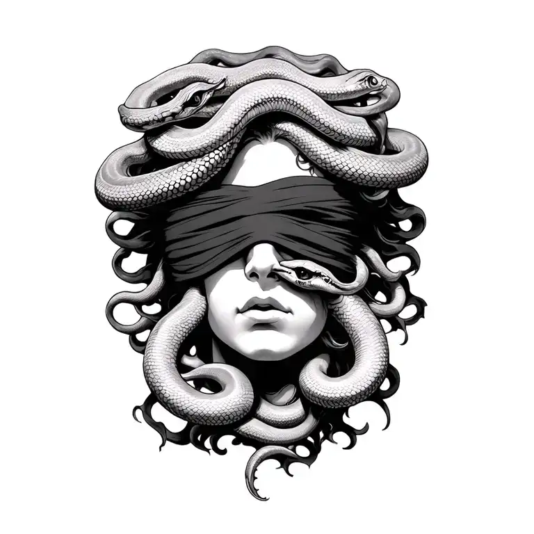 Blindfolded Medusa Face With Coiled Snakes Facing Forwards
