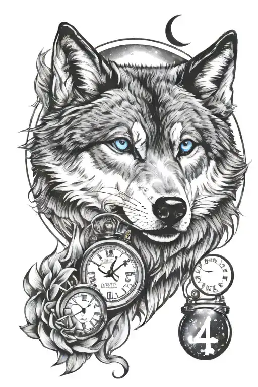 Wolf Blue Eyes With Pups Under The Moonlight And Cosmic Clock Infinity Symbol And Number 45