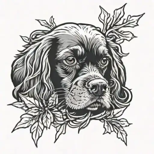 A Calvalear King Charles Spaniel Resting Under A Cross Made Of Branches In A Serene Forest Setting