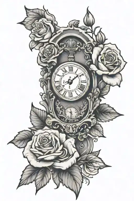 Cross With Clock On The Background And Roses On The Foreground