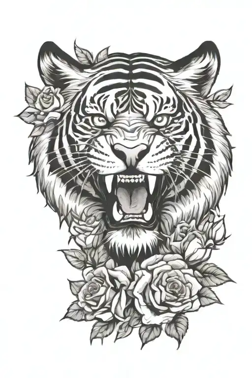 Angry Tiger Head Snarling Surrounded With Roses
