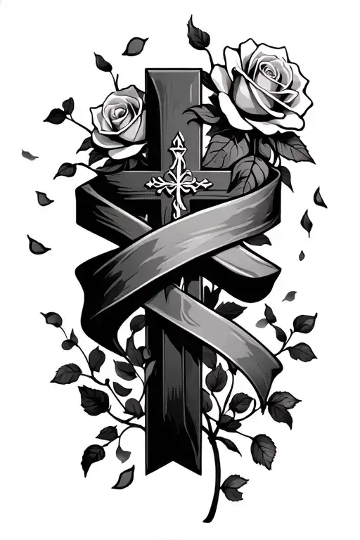 Cross With A Ribbon Wrapped Around It And Roses And Falling Rose Petals