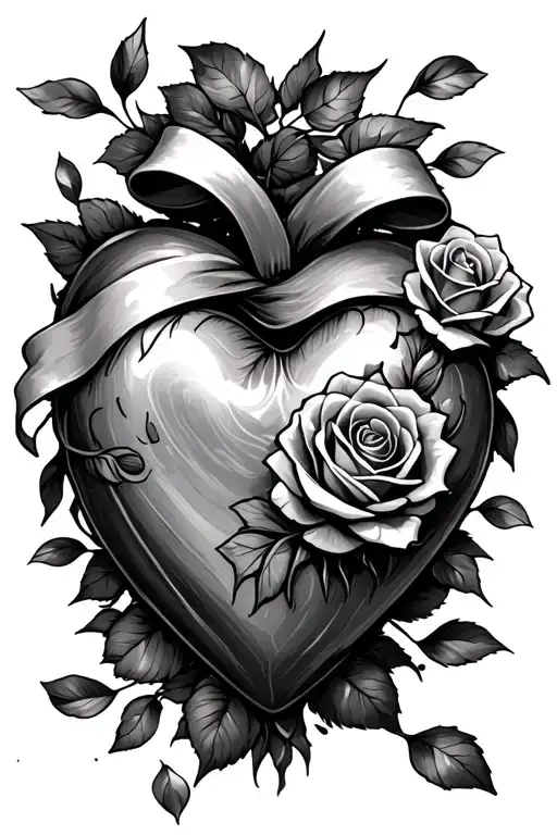 Heart With A Ribbon Wrapped Around It And Roses And Falling Rose Petals