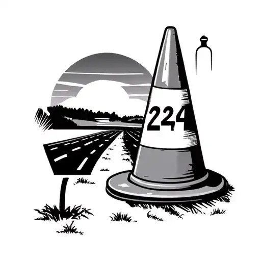 Construction Cone On Highway With Mile Sign 224 And Sunset