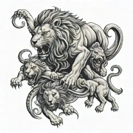 Lion Defeating A Serpant With His 3 Cubs Below