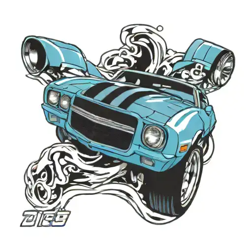 1970S Camaro Blue With White Rallies Stripes With Black Rims With Two Hands Colliding Above It