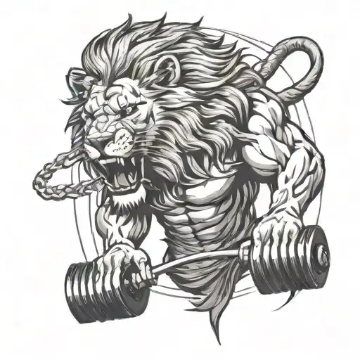 A Powerful Lion Roaring While Lifting Weights In A Gym Setting