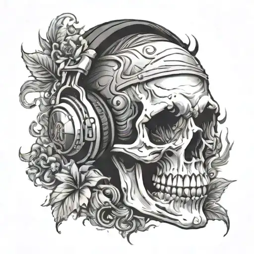 A Skull Wearing Headphones With 420 Smoke Forming Around It