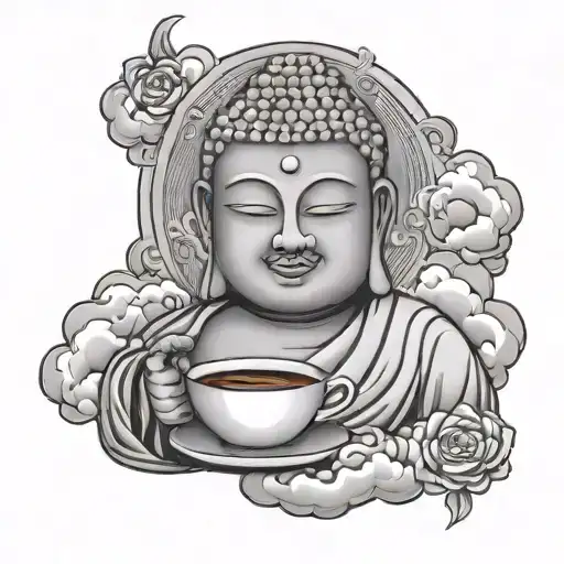 Buddah Holding A Coffee Cup With Clouds Inside The Coffee Cup