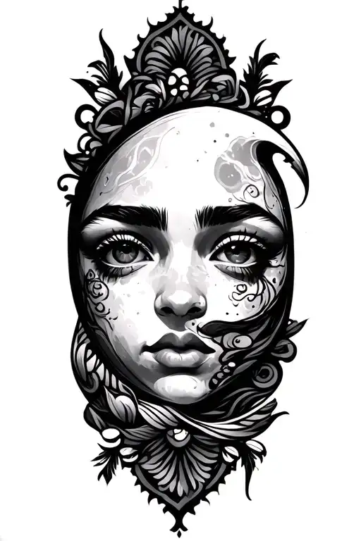 Moon With A Cartoon For A Face Surrounded By Patterns