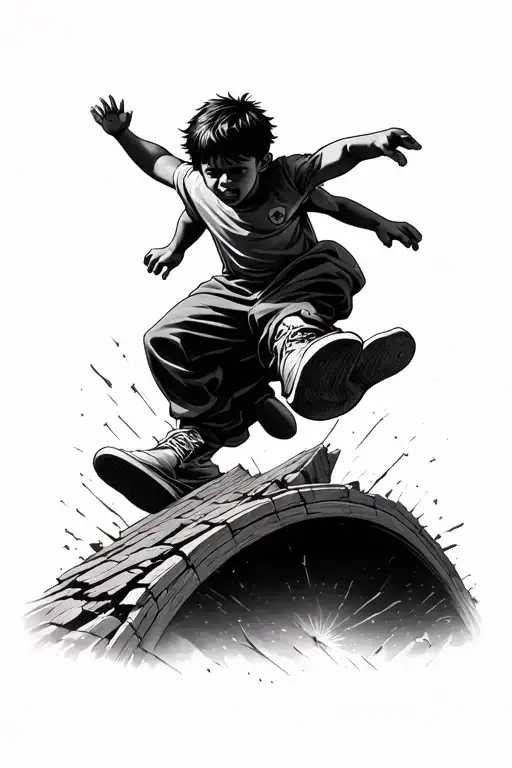 Kid Jumping Over A Broken Bridge To The Other Side