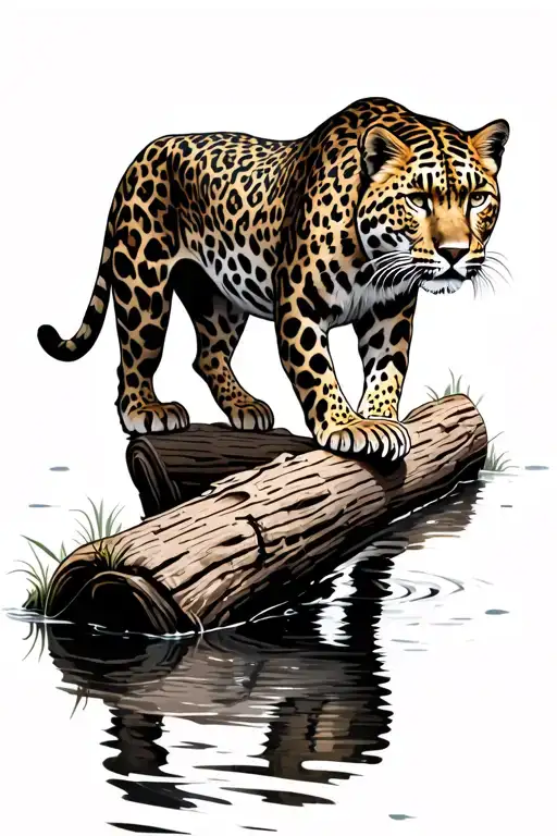 Leopard Walking Down A Log Over Water Realistic Depiction