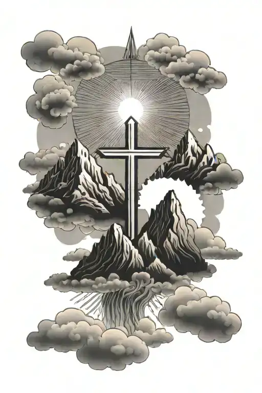 Sun Rays With Clouds And Mountains With A Small Cross