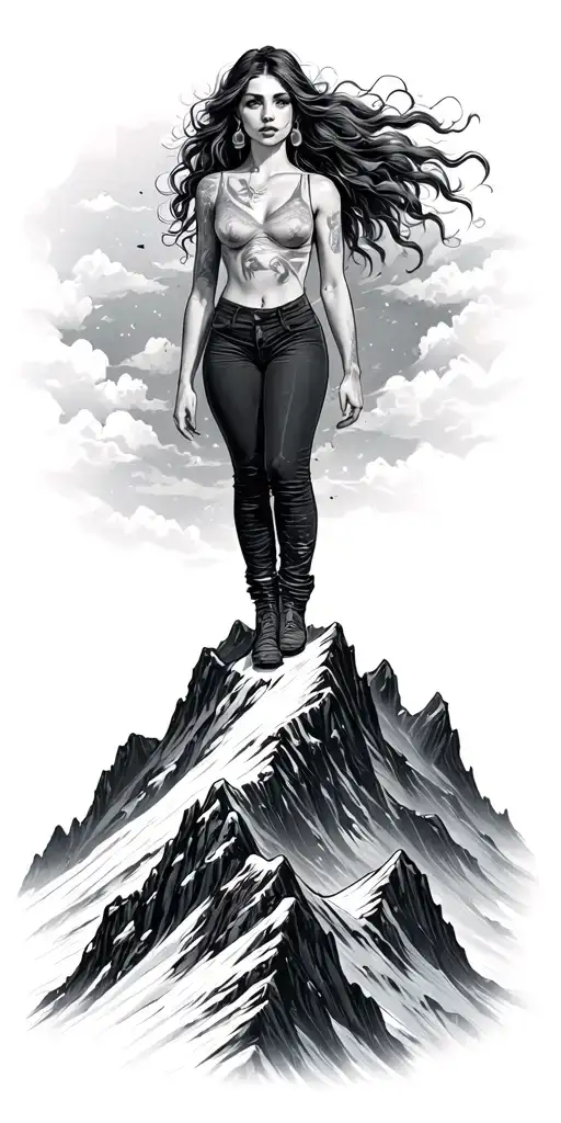 Woman On Top Of Mountain Peak Surrounded