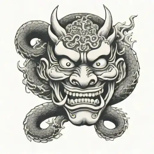Hannya Mask With Snake Slithering La Nuit Avec Des Nuages