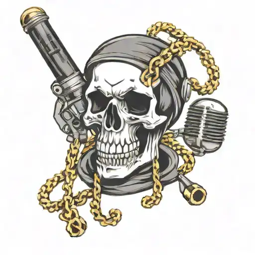 A Skull Wearing A Gold Chain With A Microphone As A Mouth In A Black-grey Style