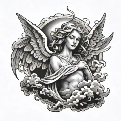 Angel In Clouds With Lighting Going Through