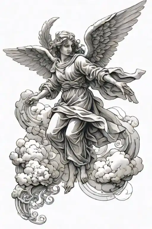Angel In Clouds With Lighting Going Through