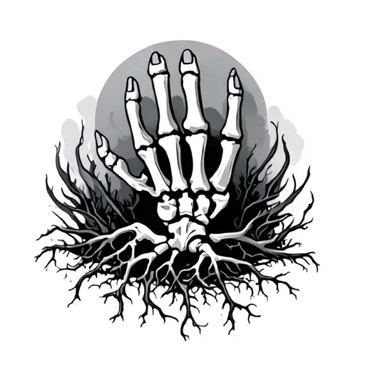 Skeleton Hand Reaching Up With Roots Coming From The Bottom