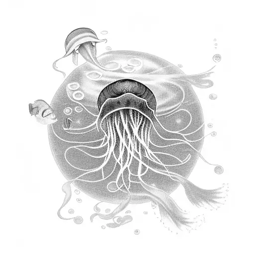 A Black-grey Tattoo Of A Jellyfish Floating In A Serene Underwater Scene With Colorful Fish
