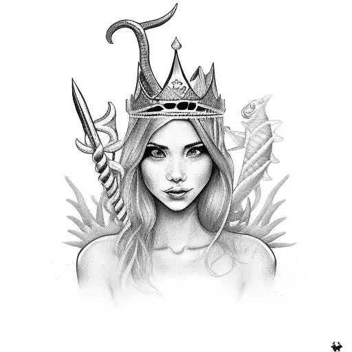 A Female Poker Dealer Wearing A Crown Made Of Fish And Holding A Trident Made Of Shells