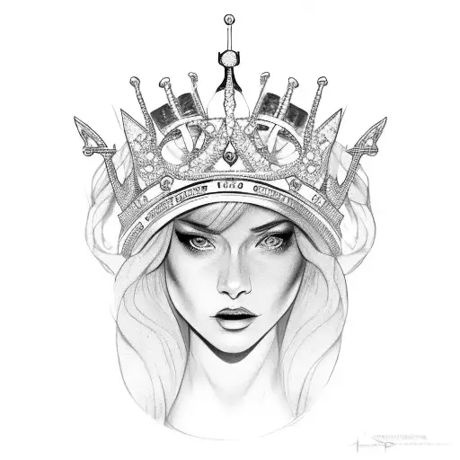 A Female Queen Wearing A Crown Made Of Shells And Holding A Gun